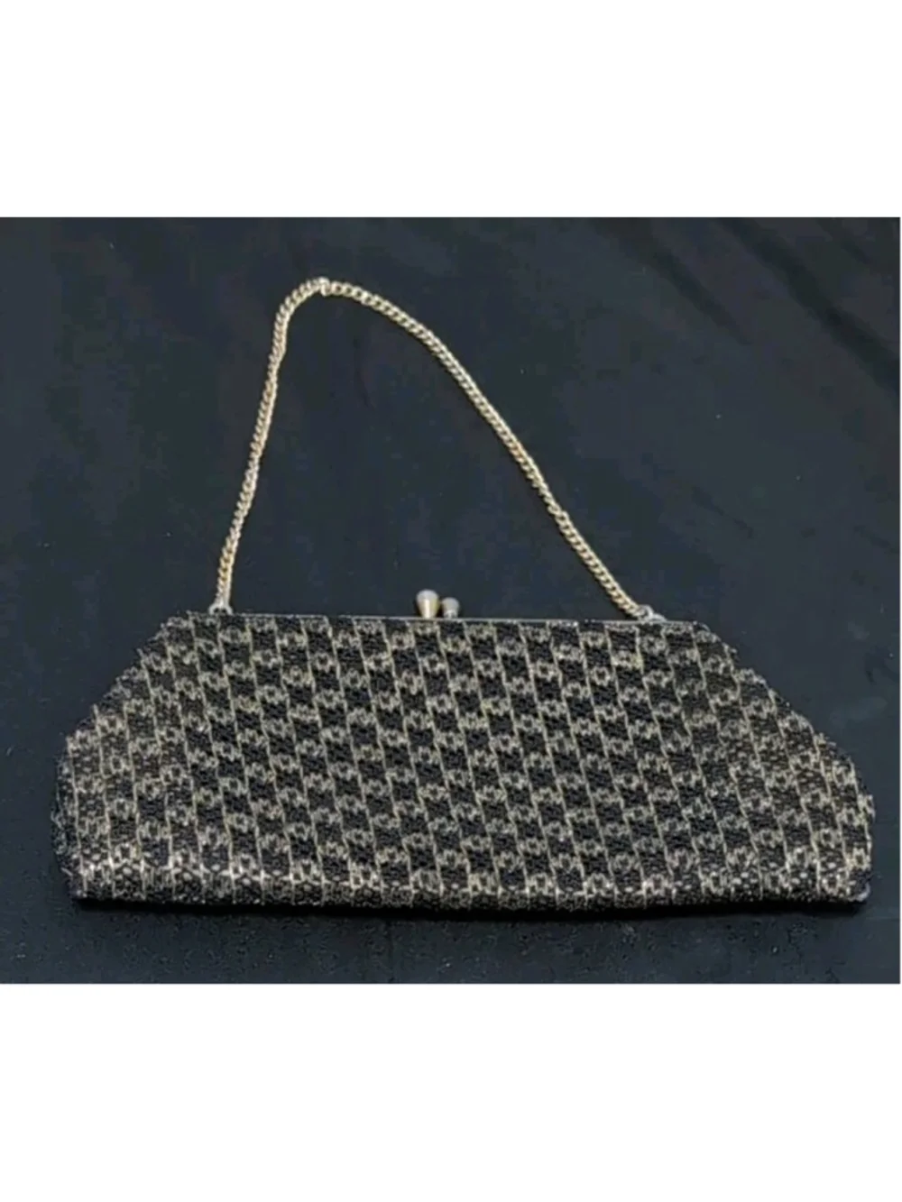 Vintage 50s 60s Geometric Gold Metallic Black Purse Evening Bag Embroider Clutch